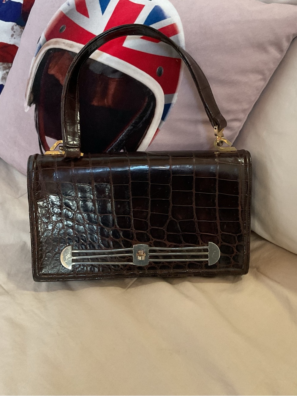 Vintage Croc-Embossed Dark Brown Top-Handle Women's Bag - Picture 5 of 6